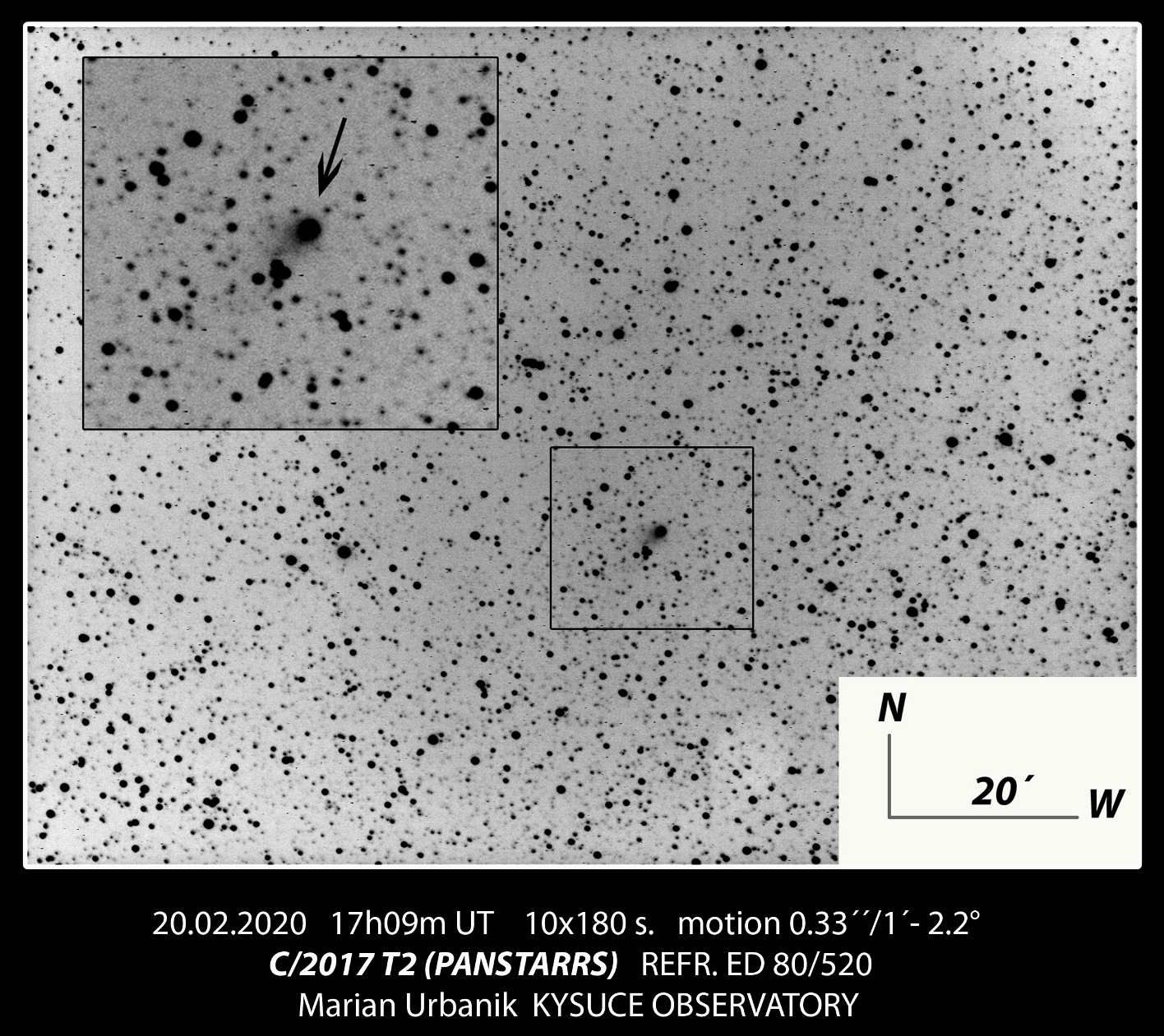 Kométa C/2017 T2 (PanSTARRS) z 20.2.2020. Autor: M. Urbanik, Krajská hvezdáreň v Žiline
